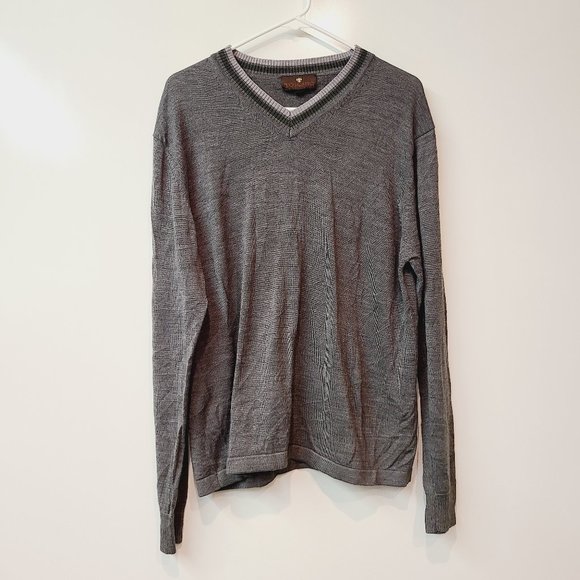 Toscano Gray V Neck Pullover Mens Sweater Merino Wool Blend Medium